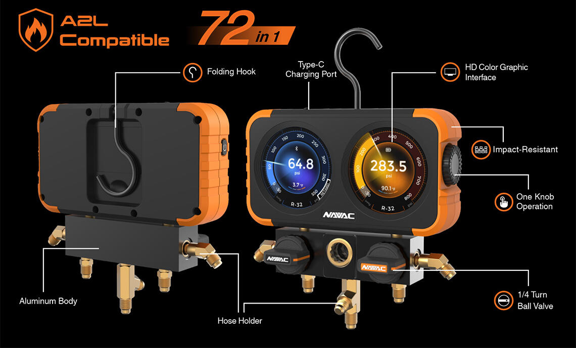 NAVAC N2DX FLEX-X Manifold Gauge, Digital Display, HD Color Graphic Interface, 72 refrigerants, A2L