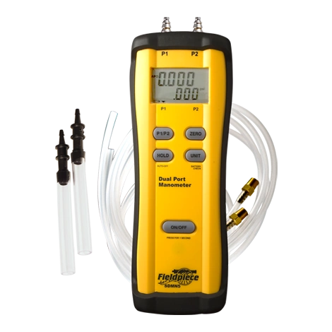 Fieldpiece SDMN5 Dual Port Manometer, -60 to 60 in WC, +/- 0.02 on 0 to +/- 2, +/- 1.5 % FS on 2 to +/- 60, mmWC: +/- 0.5 on 0 to +/- 51, +/- 1.5 % FS on 51 to +/- 1500