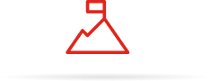 A minimalist red line icon depicting a mountain with a small flag on top, centered on a white background with a soft gray shadow underneath.